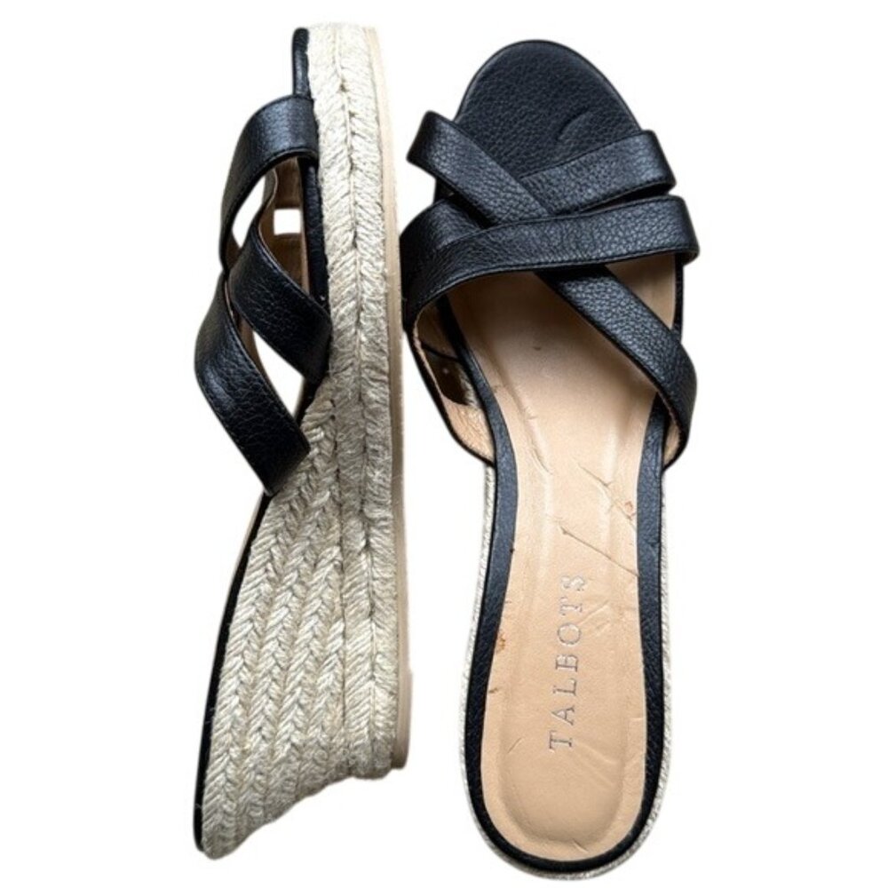 Talbots Black Women's Leather Wedge Espadrille Slide Sandals, size 8 - Picture 1 of 14